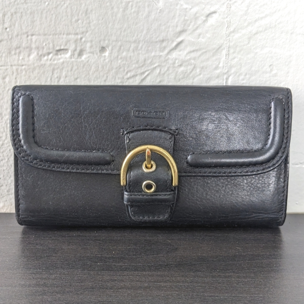Coach Black Leather Brass Buckle Slim Envelope Wallet with Zippered Coin Pouch